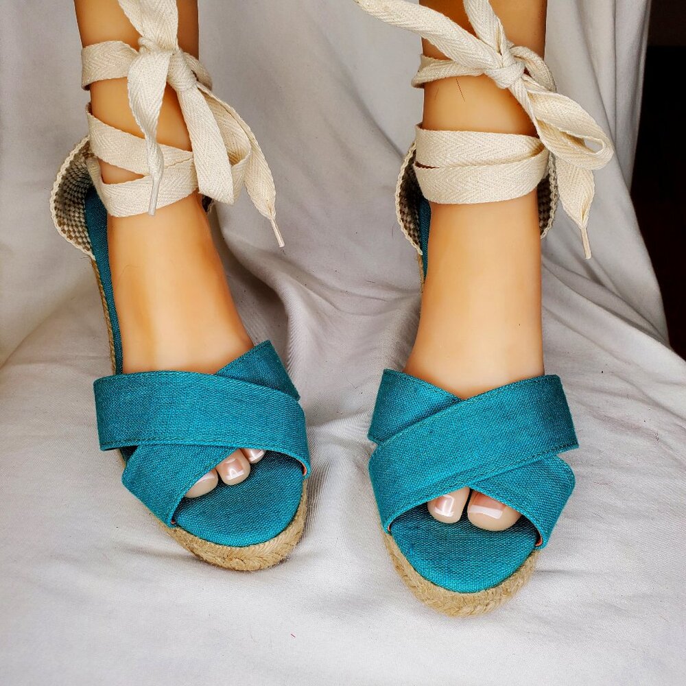 Women’s Teal Crisscross Espadrille Sandals with Ankle Tie